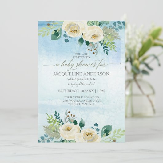 少年の赤ちゃんシャワー水色ブルーホワイトローズフローラ 招待状 (スタンド正面)