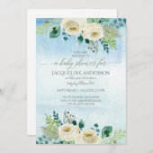 少年の赤ちゃんシャワー水色ブルーホワイトローズフローラ 招待状 (正面/裏面)