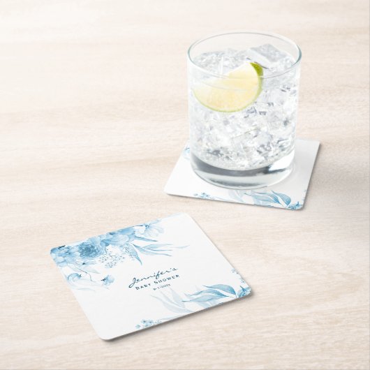 少年の赤ちゃんシャワー、青いモノクロスチルライフフローラ スクエアペーパーコースター (インサイチュ)