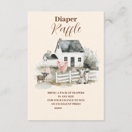 少年の農場の動物の赤ちゃんシャワーラッフルおむつ エンクロージャーカード (正面)