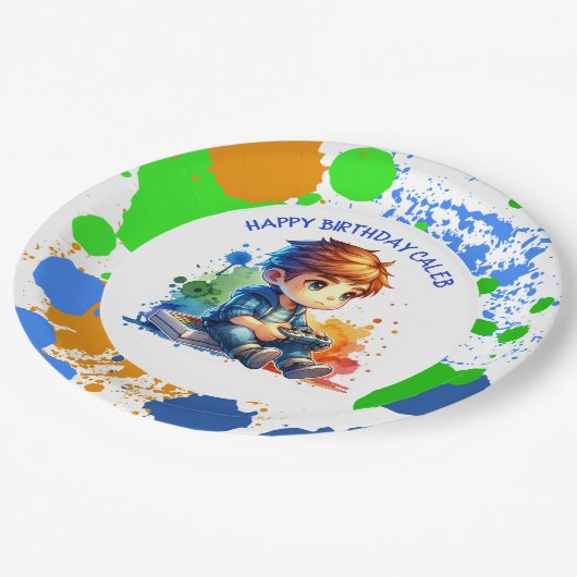 少年の遊ビデオゲームパーソナライズされた誕生日 ペーパープレート (アングル)
