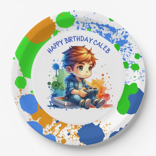 少年の遊ビデオゲームパーソナライズされた誕生日 ペーパープレート (正面)