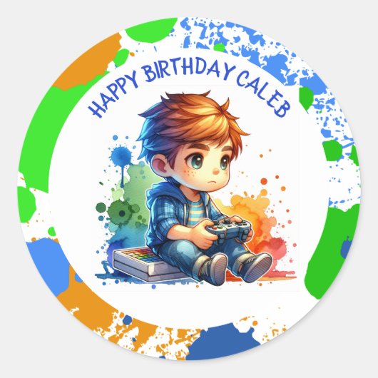 少年の遊ビデオゲームパーソナライズされた誕生日 ラウンドシール (正面)