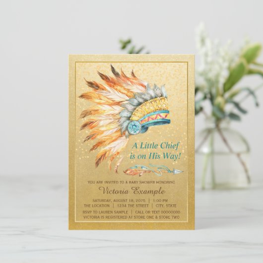 少年の部族のヘアドレス小さなチーフボホベイビーシャワー 招待状 (スタンド正面)