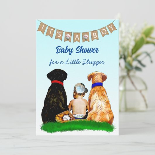 少年の野球と犬をテーマにした赤ちゃんシャワー 招待状 (スタンド正面)