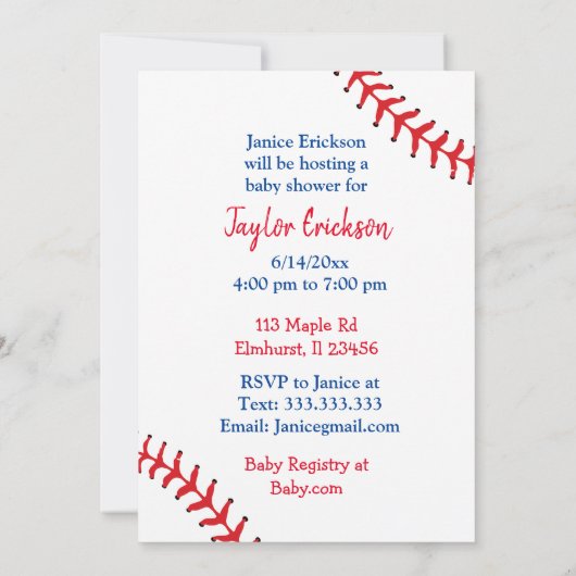 少年の野球と犬をテーマにした赤ちゃんシャワー 招待状 (裏面)