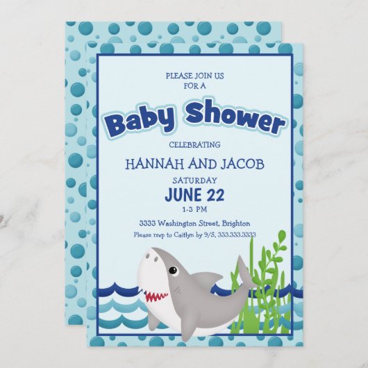 少年の青いサメの赤ちゃんシャワー 招待状 (正面/裏面)