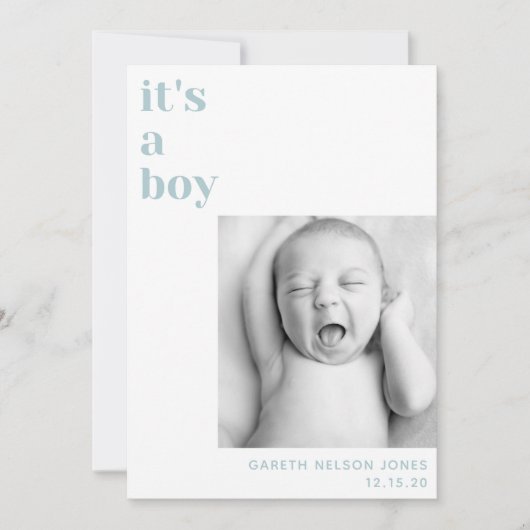 少年の青い写真のベビー発表 案内状 (正面)