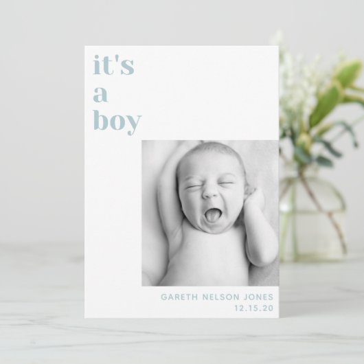 少年の青い写真のベビー発表 案内状 (スタンド正面)