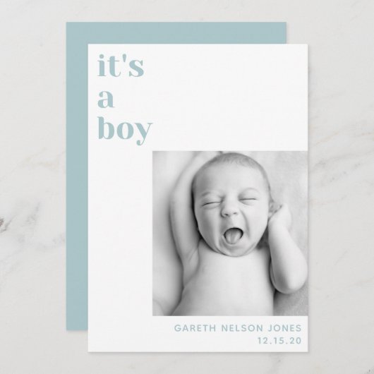 少年の青い写真のベビー発表 案内状 (正面/裏面)