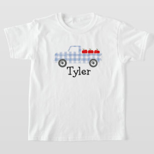 少年の青い格子縞のトラックとリンゴパーソナライズされた Tシャツ