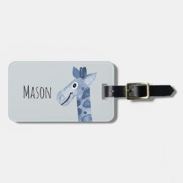 少年の青い水彩キリンサファリと子どもの名前 ラゲッジタグ