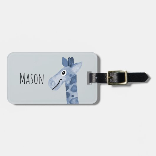 少年の青い水彩キリンサファリと子どもの名前 ラゲッジタグ (正面横)