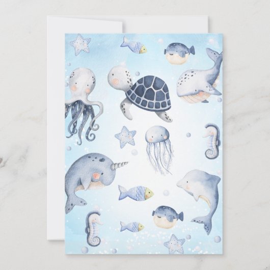 少年の青い海の亀が最初の誕生日を祝う 招待状 (裏面)