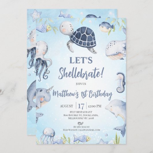 少年の青い海の亀が最初の誕生日を祝う 招待状 (正面/裏面)