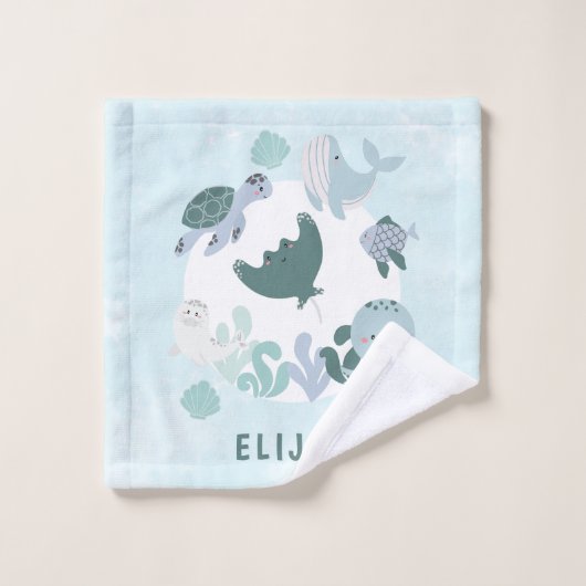 少年の青の海の下に海動物の子供 バスタオルセット (ウォッシュタオル)