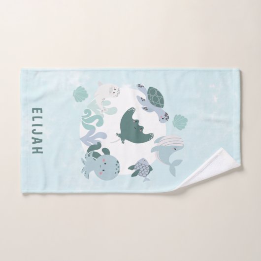 少年の青の海の下に海動物の子供 バスタオルセット (ハンドタオル)