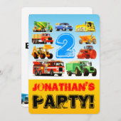 少年の2歳の誕生日トラック車両のパーティー 招待状 (正面/裏面)