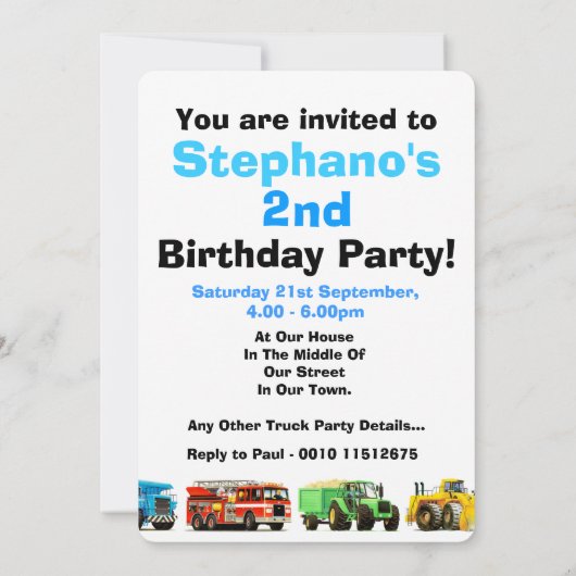 少年の2歳の誕生日トラック車両のパーティー 招待状 (裏面)