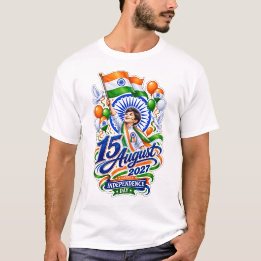 少年は喜んでインドの旗を持っています 2027 Tシャツ (正面)
