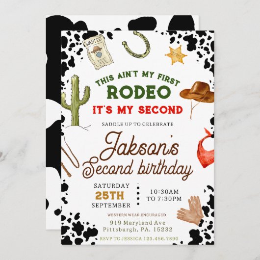 少年は私の最初のロデオではありませんカウボーイ2歳の誕生日 招待状 (正面/裏面)