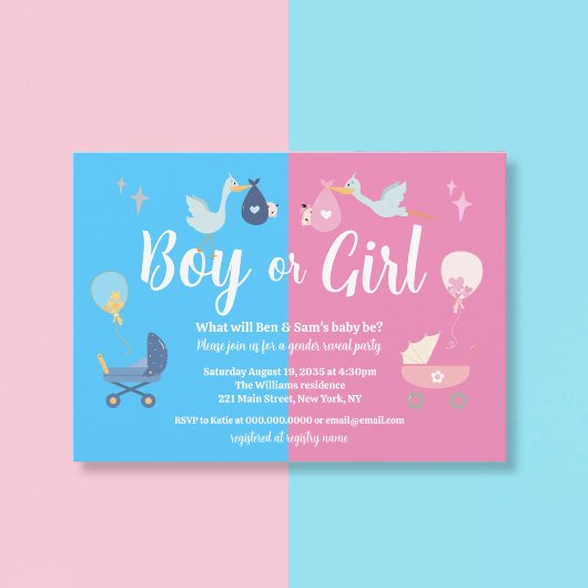 少年または女の子モダン青ピンクの性別がパーティーを表示 招待状