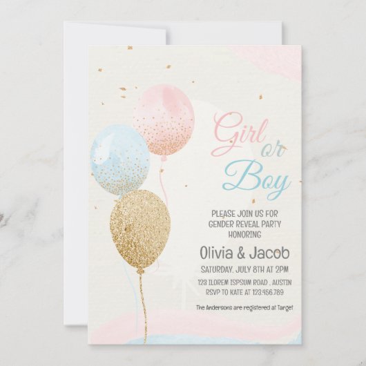 少年または少女のピンクと青のジェンダーがパーティーを明かす 招待状 (正面)