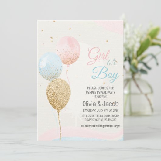 少年または少女のピンクと青のジェンダーがパーティーを明かす 招待状 (スタンド正面)