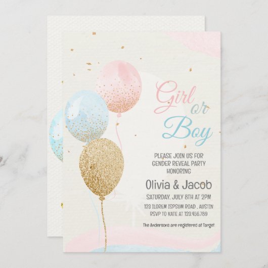 少年または少女のピンクと青のジェンダーがパーティーを明かす 招待状 (正面/裏面)