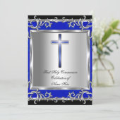 少年または少女の最初の聖餐式シルバーブルー 招待状 (スタンド正面)