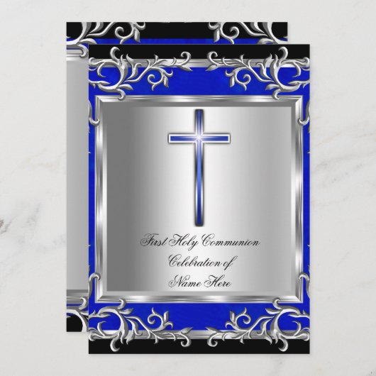 少年または少女の最初の聖餐式シルバーブルー 招待状 (正面/裏面)