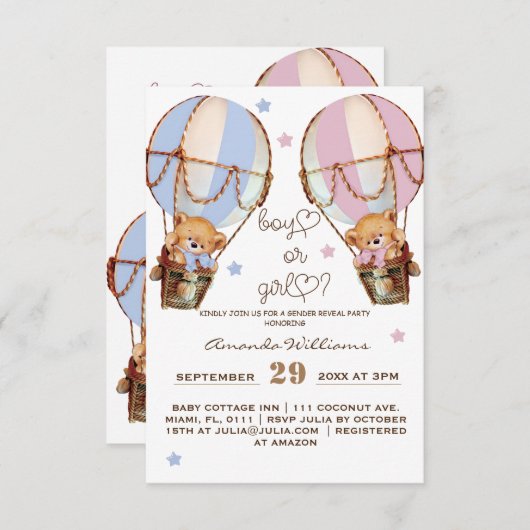 少年または少女ピンクの青いクマの性別を明かす 招待状 (正面/裏面)