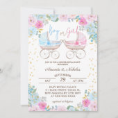 少年または少女ピンクブルーフローラ性別の表示 招待状 (正面)