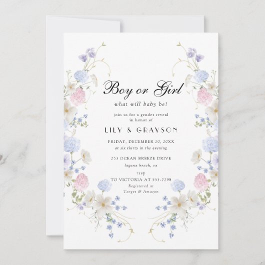 少年または少女ピンク&ブルーワイルドフラワージェンダーの表示 招待状 (正面)