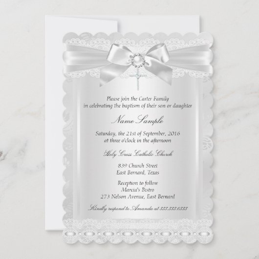 少年または少女ホワイトレース十字洗礼写真 招待状 (正面)