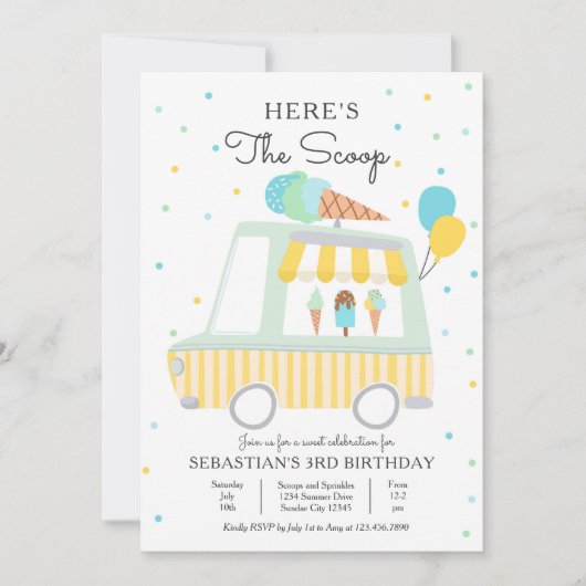 少年アイスクリームトラックはこちらスクープ誕生日 招待状 (正面)