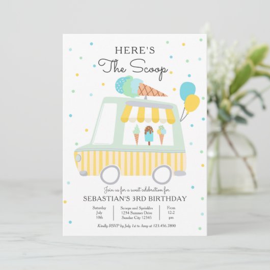 少年アイスクリームトラックはこちらスクープ誕生日 招待状 (スタンド正面)