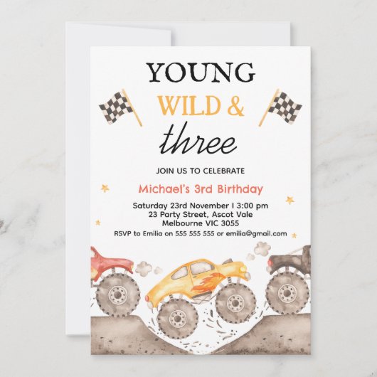 少年イエローモンスタートラックヤングワイルドスリー誕生日 招待状 (正面)