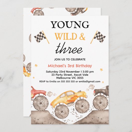 少年イエローモンスタートラックヤングワイルドスリー誕生日 招待状 (正面/裏面)