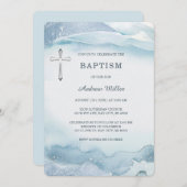 少年エレガントのためのブルーウォーター色バプテスマ招待状 招待状 (正面/裏面)