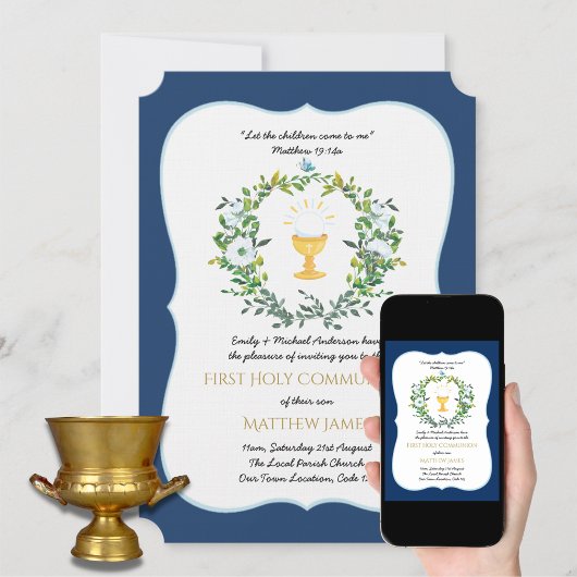 少年エレガント海軍フローラ第1聖餐式Inv 招待状