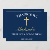 少年エレガント金ゴールドブルークロスファースト聖餐式 サンキューカード (正面/裏面)