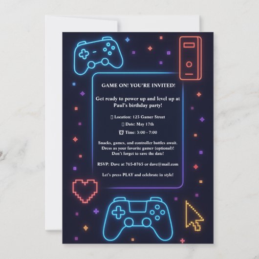 少年ゲーマーアーケードテーマの誕生日パーティー 招待状 (正面)