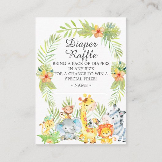 少年ジャングル動物ベビーシャワーおむつラッフル エンクロージャーカード (正面)