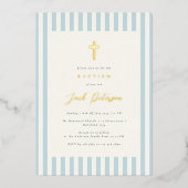 少年ストライプのための青いエレガント洗礼 箔招待状 (正面)