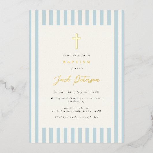 少年ストライプのための青いエレガント洗礼 箔招待状 (正面)