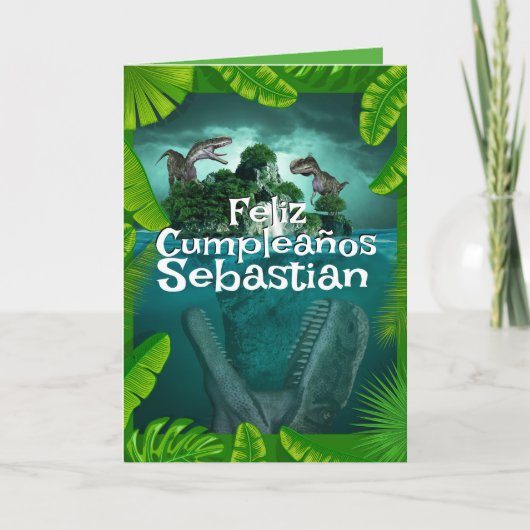 少年スペインの用の青い恐竜ジャングル誕生日 カード (正面)