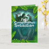 少年スペインの用の青い恐竜ジャングル誕生日 カード (黄色い花)