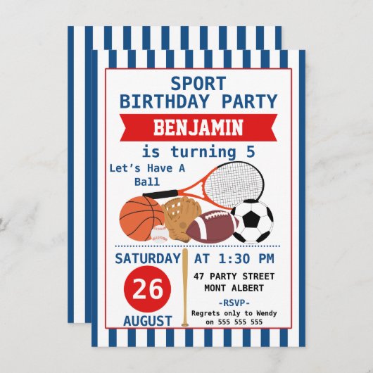 少年スポーツ誕生日パーティーの招待 招待状 (正面/裏面)