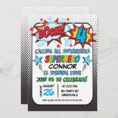 少年スーパーヒーロー 4歳誕生日招待状 招待状 (正面/裏面)